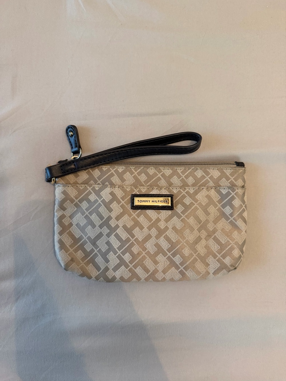 Tommy Hilfiger Beige and Black Logo Wristlet